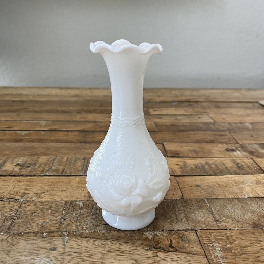 Imperial Milk Glass Bud Vase Embossed Roses Ruffled Scalloped Rim - Picture 3 of 12